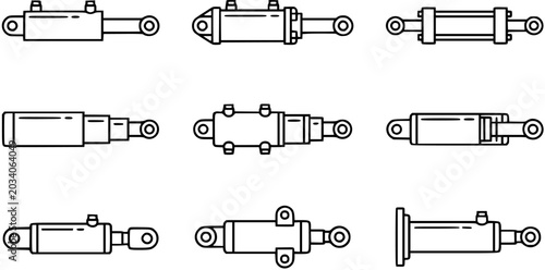 Obraz na płótnie Industrial Engineering Hydraulic Cylinders Line Art Icons Set - Linear Actuators