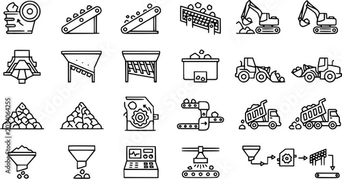 Fotografía Construction and Mining Equipment Icons: Black and White Line Art Set