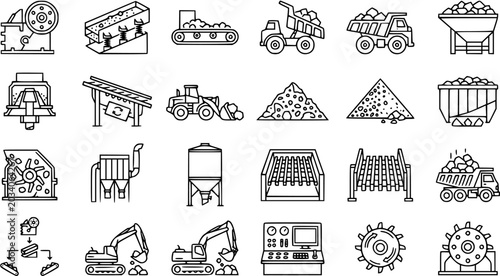 Fotografía Mining Industry Equipment Vector Icons: Line Art, Industrial Machinery, Vehicles