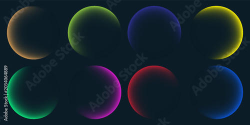 Abstract glowing neon circle frames set isolated on dark background, futuristic colorful magic light rings design bundle