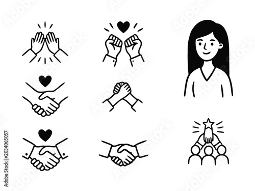 Black and white line art icons depicting friendship and teamwork