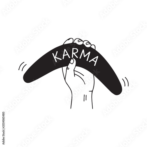 Slika na platnu Minimalist black and white illustration of a hand holding a boomerang with karma