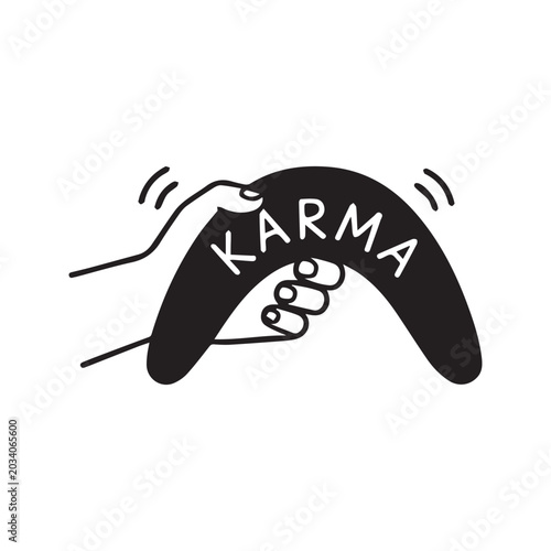 Fotografija Minimalist black and white illustration of a hand holding a boomerang with karma