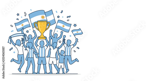 Foto Argentina Fans Celebrating Soccer Victory with Trophy and Flags