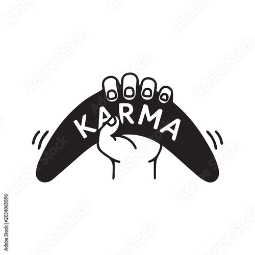 Foto Minimalist black and white illustration of a hand holding a boomerang with karma