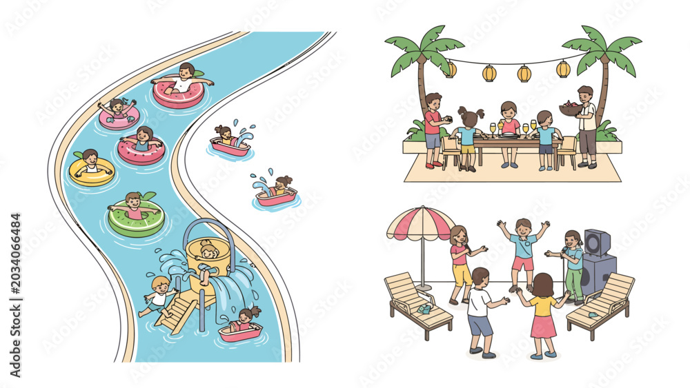 Naklejka premium Summer Vacation Collage: A vibrant collage capturing the essence of summer fun, featuring children enjoying a water slide, a family gathering at a picnic table, and friends relaxing by the pool.