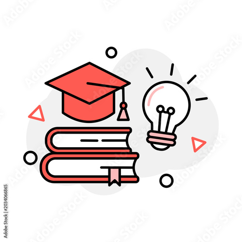 Modern education line icon with graduation cap, books and light bulb
