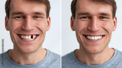 Split frame dental implant showing a visible missing tooth gap versus a complete smile.