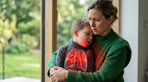 Mother holding sick son suffering from respiratory illness. Ill child with inflamed lungs visualization. Healthcare concept for viral infection, pneumonia, and pediatric medical care.