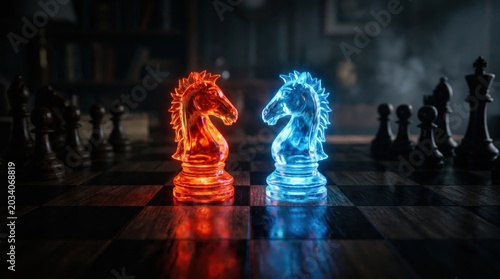 Glowing Knight Chess Pieces on Dark Board
