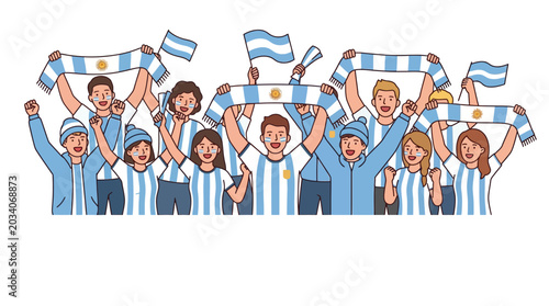 Bild auf Leinwand Group of Argentina Soccer Fans Cheering with Flags