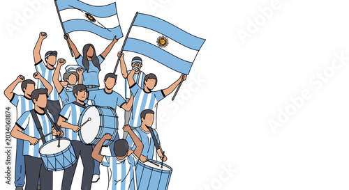 Bild auf Leinwand Group of Argentina Football Fans Celebrating with Flags and Drums