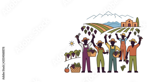 Bild auf Leinwand Group of Grape Harvesters Working in Vineyard Illustration