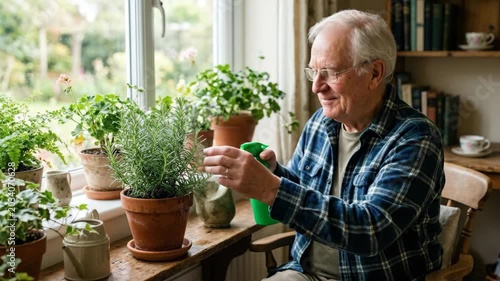 Elderly man tending indoor rosemary by spraying it with water from a green bottle, senior gardening lifestyle with home care, wellness and plant nurturing appeal, soft natural light, polished
