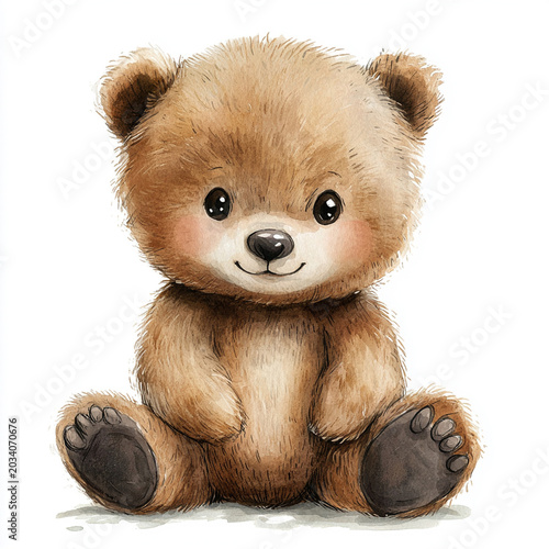Watercolor illustration of an adorable little sitting teddy bear, isolated fluffy baby bear on white background with pink cheeks, Generative AI