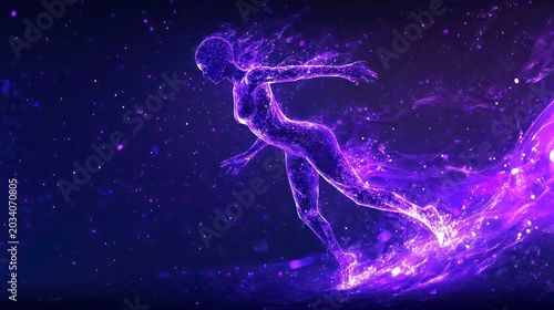 In a dynamic pose against a dark background, an abstract digital illustration shows a human figure made of glowing purple particles.