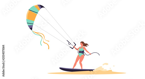 Woman enjoys summer holiday kitesurfing on a sunny beach with a colorful kite and board.