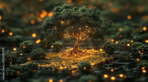 Natural and technological merge in this golden tree on a circuit board, surrounded by small green bushes with glowing orange spots