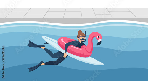Man in scuba gear lying on a pink flamingo floatie and white surfboard in a swimming pool with clear blue water and a concrete deck.