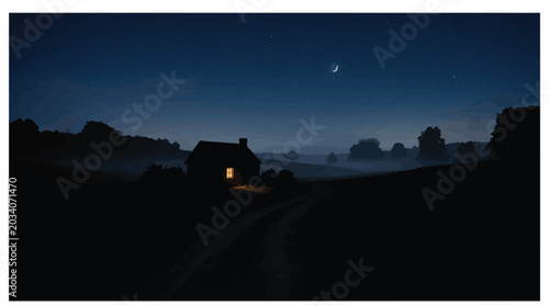 Photography Lonely farmhouse illuminated at night under crescent moon and starry sky