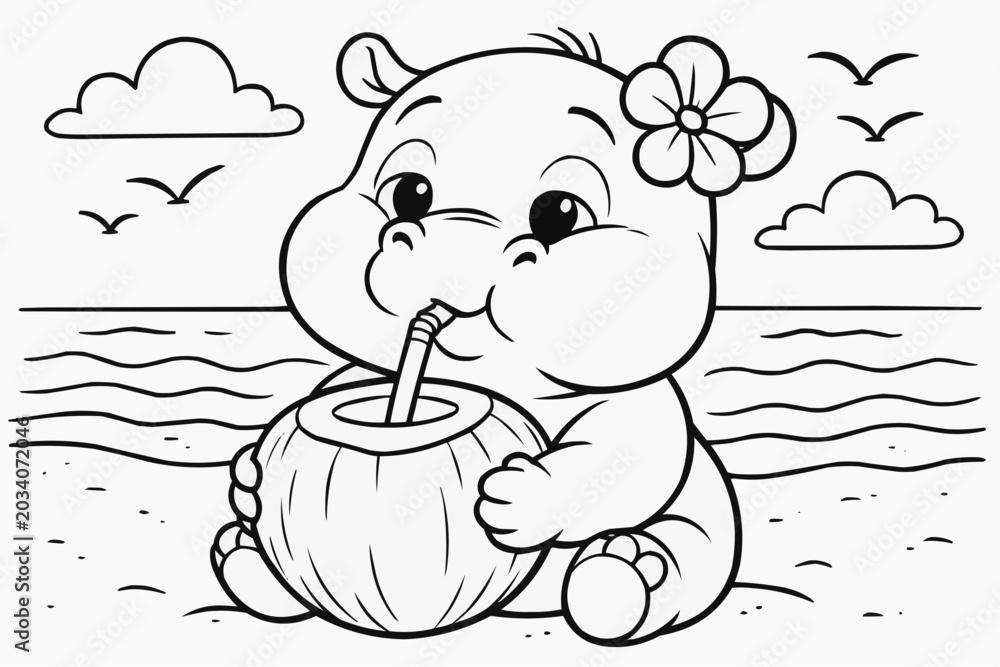Obraz premium Coloring page for children - a hippopotamus enjoying a coconut drink with a blissful expression on a beach background