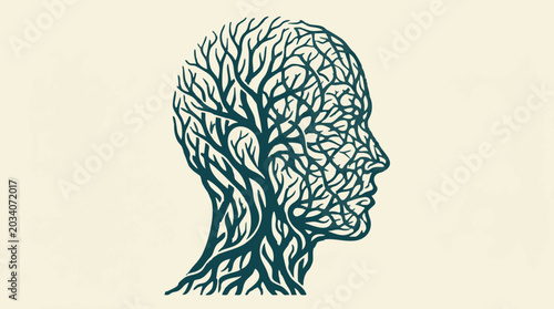 Fotografie Conceptual illustration of human head silhouette made of intricate tree branches