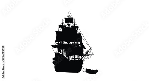 Fotografija Tall sailing ship with detailed rigging black silhouette