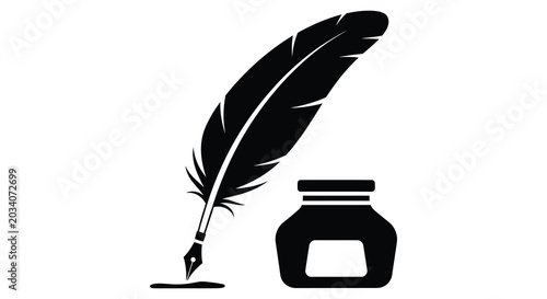 Schilderij op canvas Feather quill and inkwell black silhouette ink