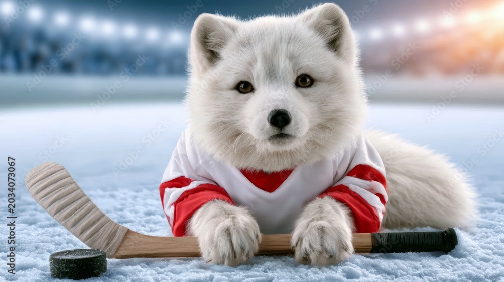 Naklejka premium Arctic fox athlete poses with hockey stick on frozen arena reflecting lights of ice hockey game