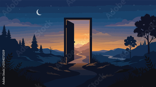 Tableau sur toile Open door in landscape at dusk leading to winding path with sunset mountains