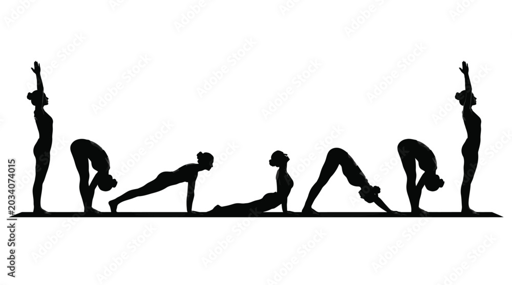 Obraz premium Silhouette of a woman performing the sun salutation yoga sequence in this artistic studio photo