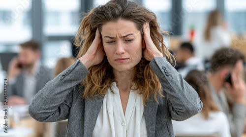 Overwhelmed by Office Noise: A distressed businesswoman, her face etched with frustration, covers her ears to block out the overwhelming din of a busy office environment.
