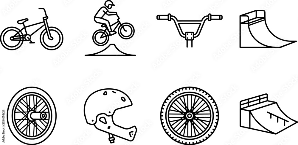 Obraz premium Bmx extreme sport set with bicyclist jumping ramp, bike, helmet, handlebar, and wheels in line art style