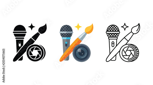 Three creative icons featuring a microphone a paint brush and a camera shutter lens symbol