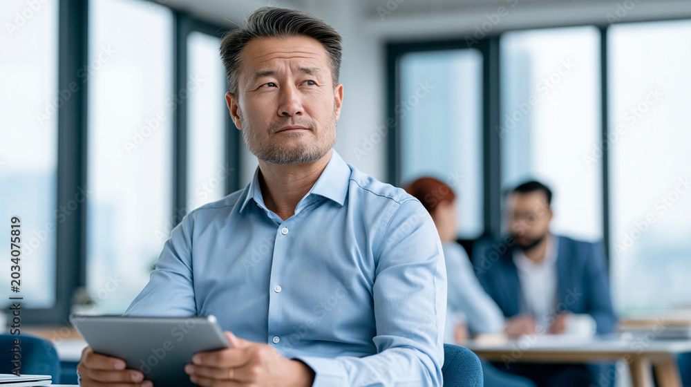 Fototapeta premium Serious Businessman with Tablet in Meeting: A middle-aged Asian man, wearing a light blue dress shirt, sits intently in a modern office setting.