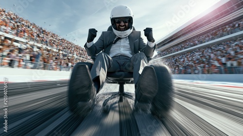 Exhilarated Businessman in a Suit Racing Down the Track on a Rolling Office Chair at a Dynamic Motorsport Event