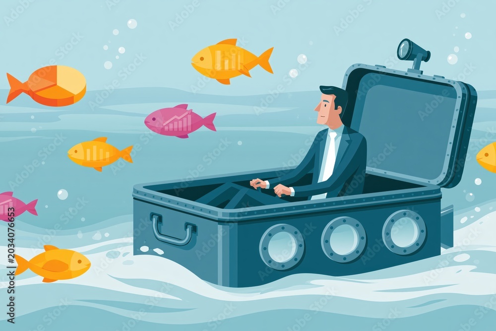 Naklejka premium Surreal Concept of a Calm Businessman Piloting a Giant Briefcase Underwater Surrounded by Colorful Fish