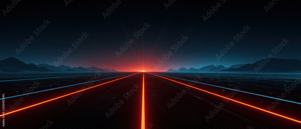 Obraz premium Glowing digital landscape with abstract line horizon and dark mountain silhouette at sunrise