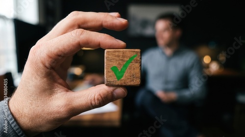 A close-up of a hand holding a wooden block with a green checkmark symbol. In the background, a blurred person is seated, suggesting a business meeting or decision-making context