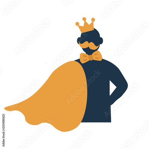 Cartoon superhero man wearing a crown with a bowtie and cape  