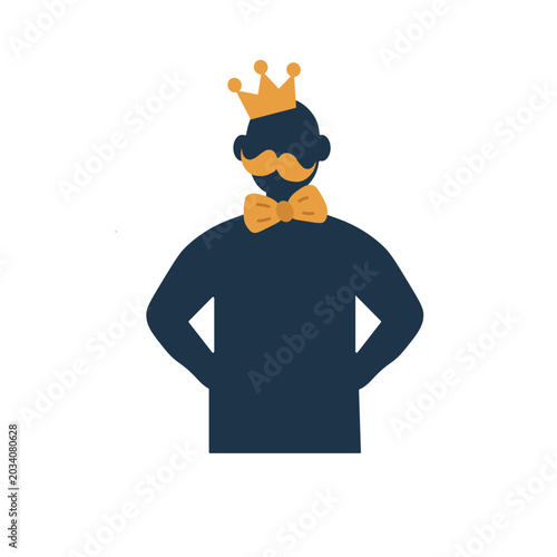 Stylized man wearing crown and bow tie with hands on hips  