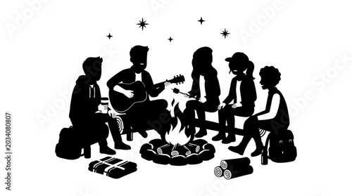 Foto Campfire scene silhouette with people and musical instrument white background