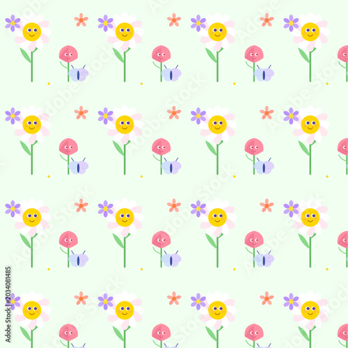 Kawaii Flowers Garden Seamless Pattern - Spring Bloom