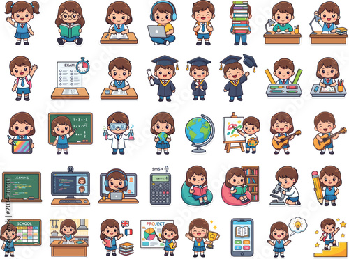 Canvastavla 40 Flat Cartoon Education Icons, School and Learning Vector Graphics, Teacher an