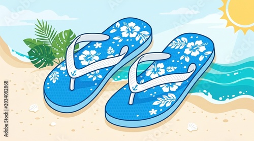 Blue flip flops with white floral pattern on sunny tropical beach with palm tree and ocean