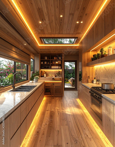 Modern Wooden Kitchen with Ambient Lighting: A sleek, modern kitchen designed with warm wooden finishes and illuminated by soft, ambient LED lighting, creating a cozy and inviting atmosphere.