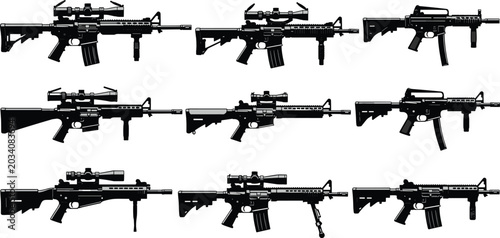 Foto Modern Tactical Rifle Silhouettes Collection with Military Style Firearm Vector