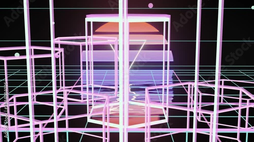 Grid plane receding to banded sun, pink cages sliding, column rising, forming tower framing sun