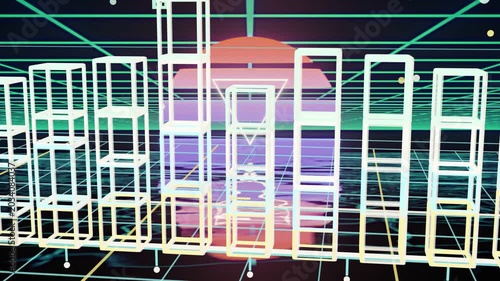 White wireframe columns rising after sun pulsing, forming aligned band reflecting in rippling water