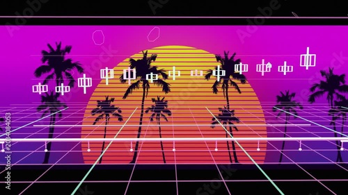 Striped sun emitting scan lines, driving 3D grid extending and HUD glyphs forming synthwave scene